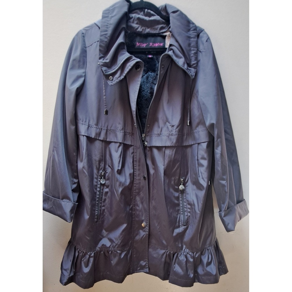 Betsey Johnson Gray Hooded Parka Ruffle Hem Faux Fur Lined Jacket Womens Large